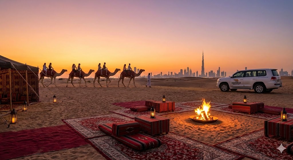 Evening Safari Dubai with pickup offering camel trekking, bonfire camp experience, and panoramic sunset views near Dubai.
