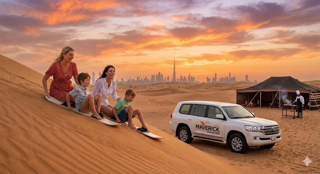 Evening Safari Dubai with pickup offering family-friendly sandboarding, thrilling desert adventure, sunset dune views, luxury 4x4 pickup, and an authentic Arabian camp experience.