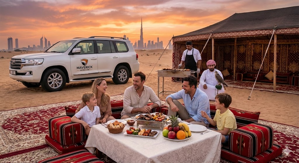 Memorable Evening Safari Dubai with Pickup showcasing a family enjoying traditional Arabian dinner at a desert camp, luxury 4x4 transfer, live cooking station, and stunning sunset over Dubai skyline.