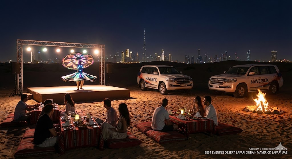 Evening Safari Dubai with pickup offering dinner, live Tanoura show, bonfire seating, and premium 4x4 desert experience.