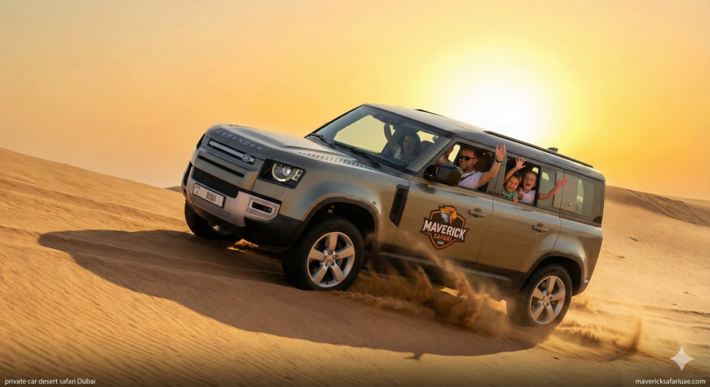 Family enjoying an exciting private car desert safari Dubai, riding a luxury 4x4 SUV over golden sand dunes at sunset, capturing a fun-filled dune bashing adventure in the Dubai desert