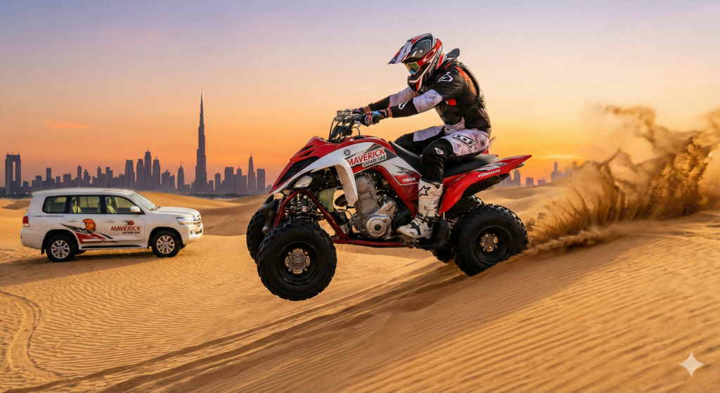 Quad biking Dubai desert adventure with a rider racing over golden sand dunes at sunset, showcasing thrilling off-road quad biking experience with Dubai skyline in the background.