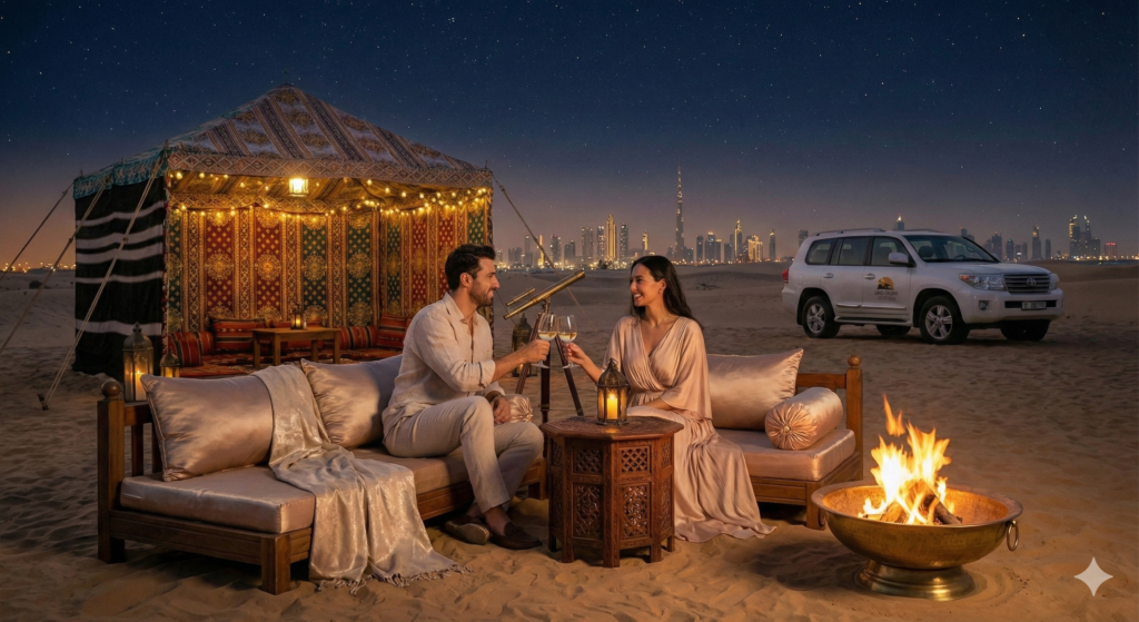 Desert Safari with Camping Dubai Luxury Desert Safari with Camping Dubai featuring a romantic couple enjoying a private campfire, traditional Arabian tent, stargazing, and skyline views under the night sky in the Dubai desert