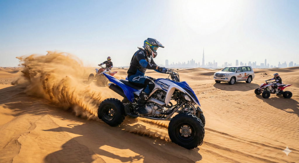 Quad Biking Dubai Desert adventure with riders speeding across golden sand dunes, kicking up dust during an adrenaline-filled off-road experience near Dubai skyline.