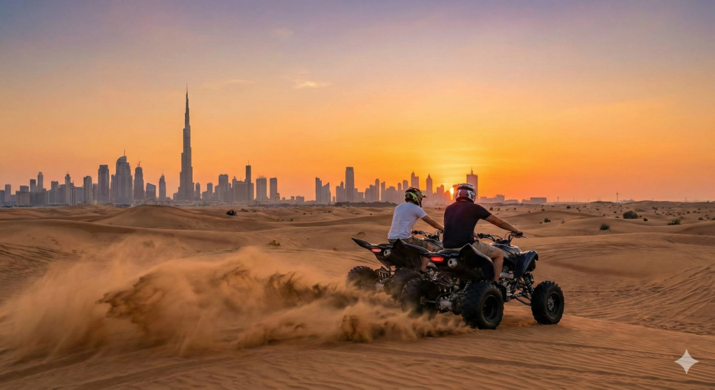 Best Quad Biking Dubai Best Quad Biking Dubai experience with two riders racing across desert dunes at sunset and Dubai skyline in the background