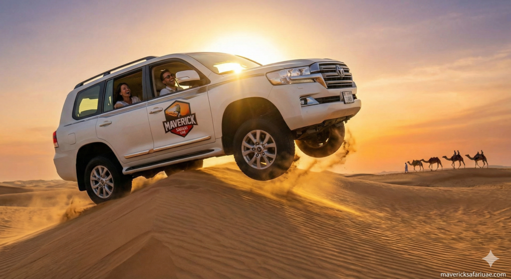 Private 4x4 Desert Safari Dubai with a luxury SUV dune bashing over golden sand dunes at sunset