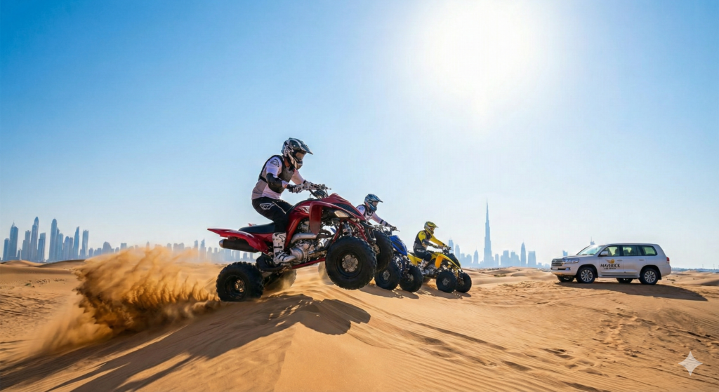 ATV Quad Bike Dubai ATV Quad Bike Dubai adventure with riders climbing sand dunes, kicking up dust, and Dubai skyline in the background