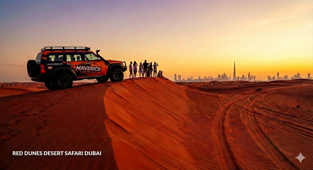 Red Dunes Desert Safari Dubai at sunset with 4x4 off-road vehicle and travelers standing on red sand dunes overlooking Dubai skyline