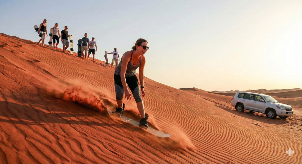 Adventure seekers enjoying sandboarding down the red dunes during a Lahbab Desert Safari, with a group tour and 4x4 vehicle parked nearby under the golden desert sky in Dubai