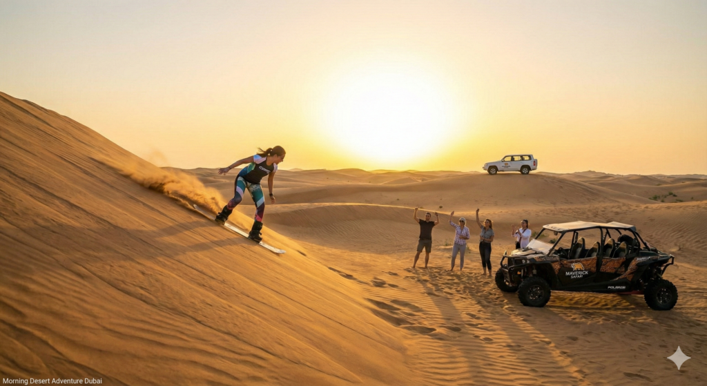 Morning Desert Adventure Dubai featuring dune sandboarding at sunrise with desert safari vehicles and cheering group.