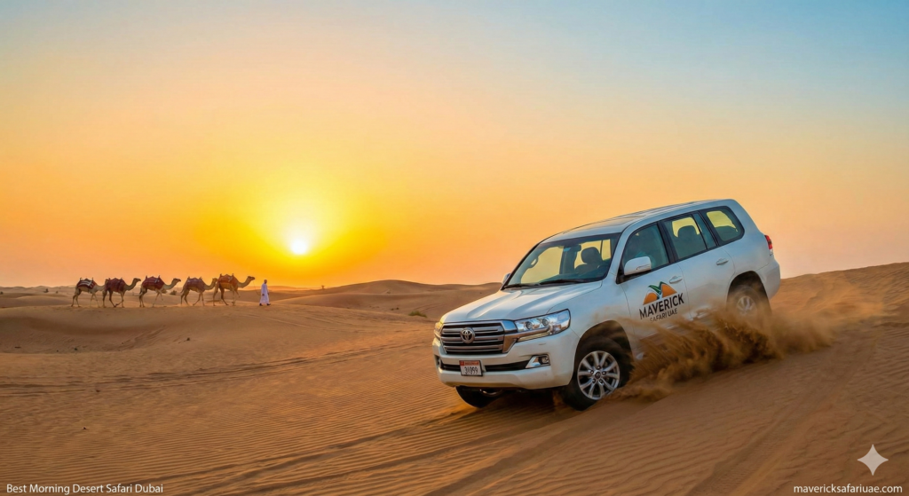 Best Morning Desert Safari Dubai showcasing sunrise dune bashing, luxury 4x4 adventure, and authentic desert experience