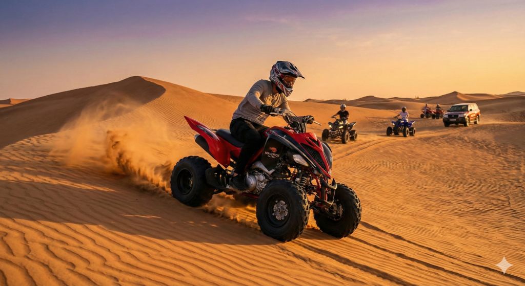Quad Bike Desert Adventure Quad Bike Desert Adventure with riders racing across golden sand dunes during an exciting guided desert safari experience