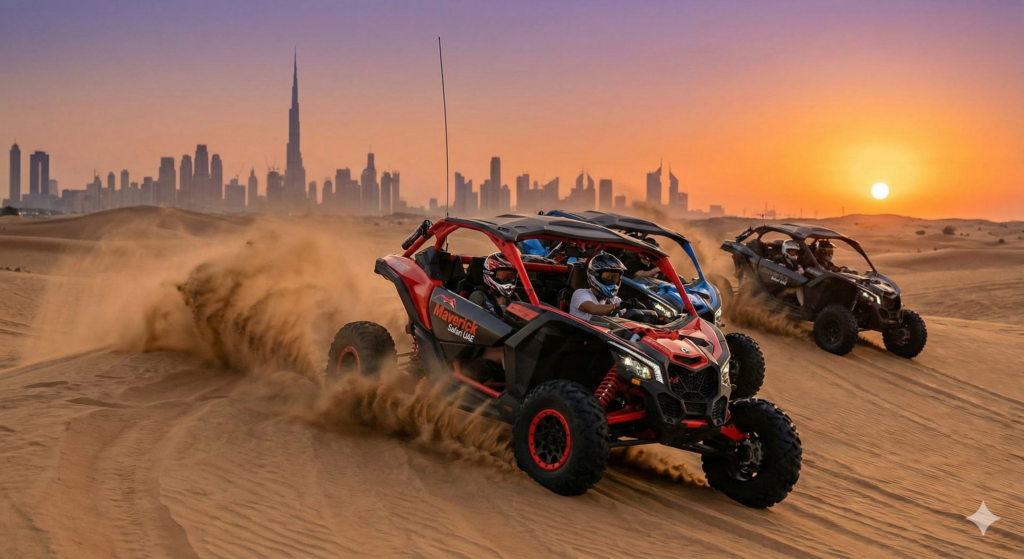 Dune Buggy Tour Dubai featuring multiple off-road dune buggies racing across golden desert dunes at sunset with the Dubai skyline and Burj Khalifa in the background, showcasing an adventurous desert safari experience