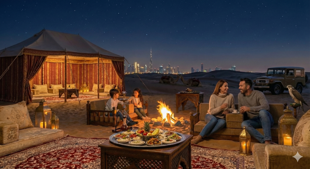 Desert Camping Dubai under a starry night featuring a luxury Bedouin tent, family campfire dinner, traditional Arabic seating, falconry, and Dubai skyline views