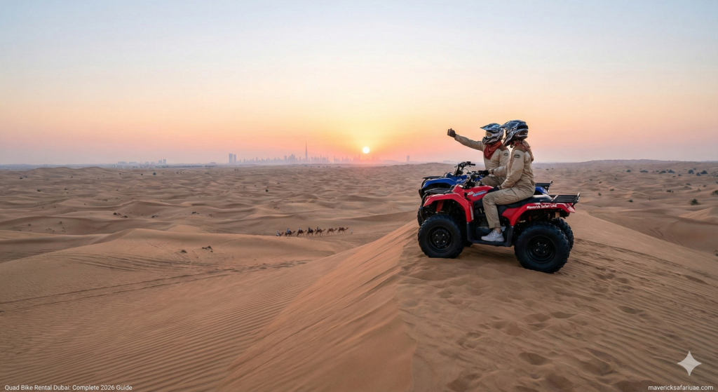 Quad Bike Rental Dubai at sunset featuring riders enjoying an off-road quad biking adventure across golden desert dunes with panoramic views of the Dubai skyline in the distance.