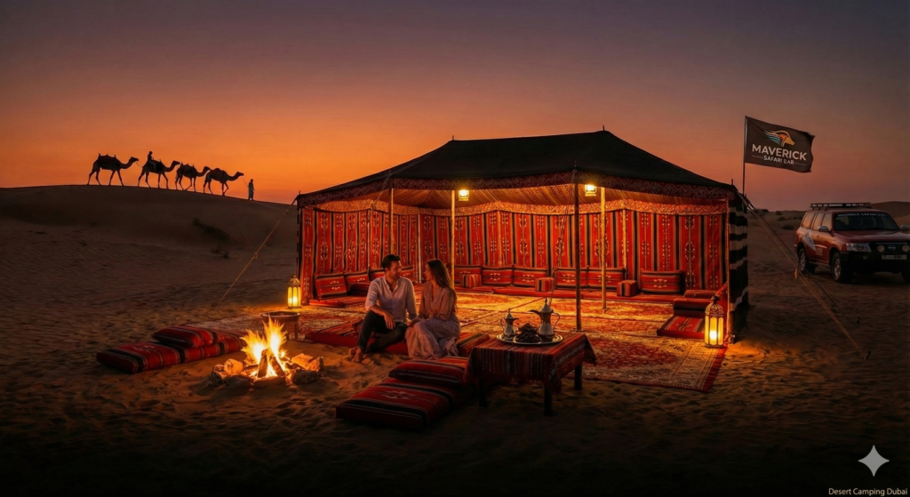 Desert Camping Dubai at sunset featuring a traditional Bedouin tent, romantic campfire seating, lantern-lit setup, and camel caravan on golden sand dunes