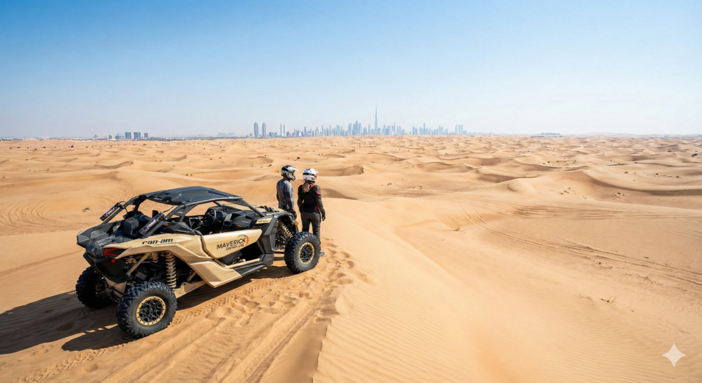Dune Buggy Tour Dubai experience showing a powerful off-road buggy parked on golden sand dunes, with two riders overlooking the vast desert landscape and Dubai skyline in the distance under a clear blue sky