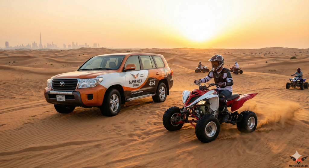 Desert Safari with Quad Bike in Dubai featuring ATV riding, 4x4 Land Cruiser dune bashing, and golden desert sunset