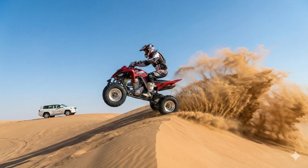 Quad Bike Desert Adventure Quad Bike Desert Adventure with a rider jumping over sand dunes, kicking up dust during an adrenaline-filled desert safari