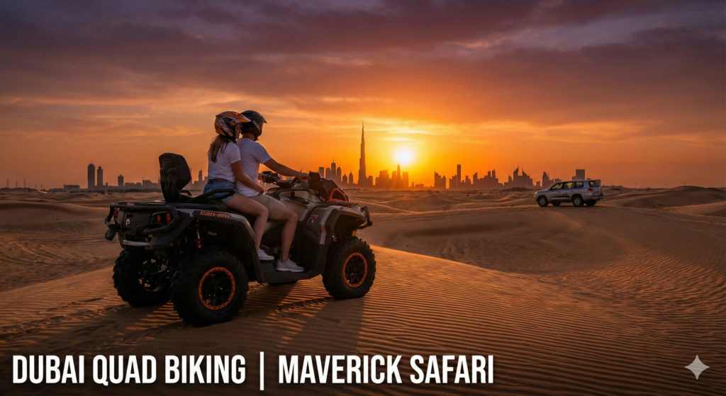 Best Quad Biking Dubai Best Quad Biking Dubai experience at sunset with couples riding ATVs across golden desert dunes