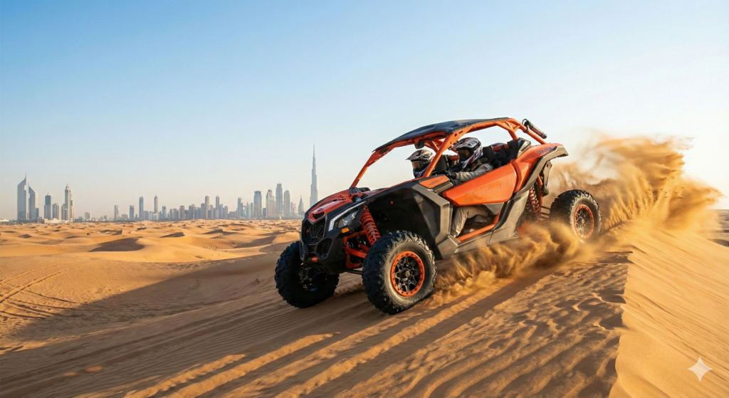 Self-Drive Dune Buggy Dubai Two riders enjoying a Self-Drive Dune Buggy Dubai adventure, powering through golden sand dunes with dramatic dust trails and the Dubai skyline visible in the background