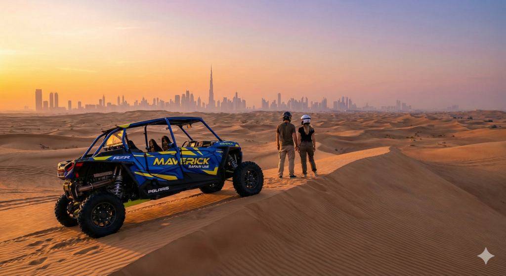 Polaris Buggy Dubai parked on desert dunes at sunset with riders overlooking the Dubai skyline and Burj Khalifa