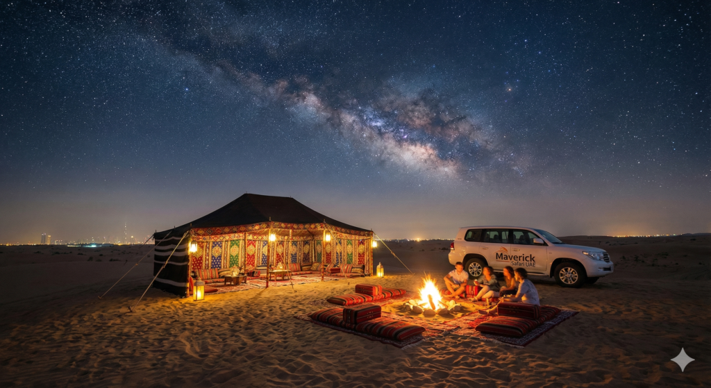 Overnight Camping Desert Dubai experience with traditional Bedouin tent, cozy bonfire seating, luxury 4x4 vehicle, and travelers enjoying a peaceful desert night under a stunning Milky Way sky