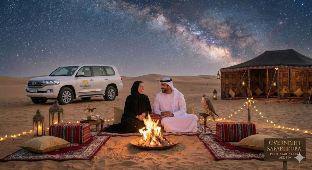 Couple enjoying a luxury overnight desert safari in Dubai with traditional Bedouin camp, bonfire, Arabic seating, falcon, and 4x4 SUV under a starry Milky Way sky, showcasing the Overnight Safari Dubai price experience.
