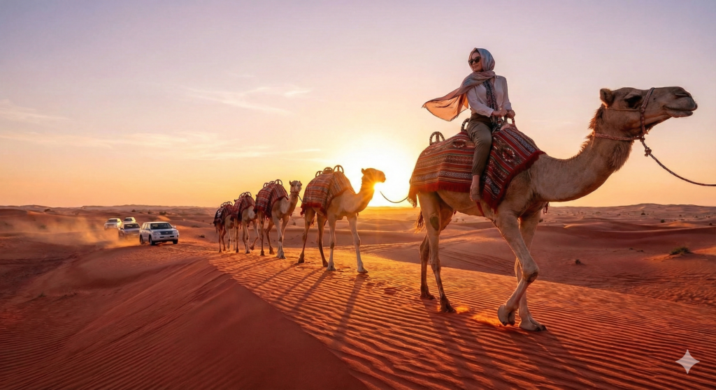 Camel Ride Dubai sunset desert safari with woman riding camel caravan across red sand dunes and 4x4 vehicles in background