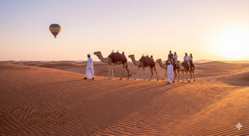 Lahbab Desert Safari featuring tourists enjoying a camel ride across golden sand dunes at sunrise with a hot air balloon in the background