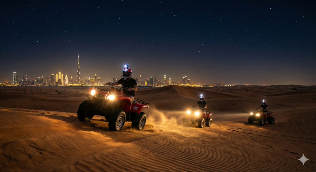 Quad Biking Dubai Desert at night featuring riders on ATVs crossing sand dunes with illuminated Dubai skyline in the background