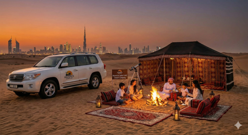 Desert Safari with Camping Dubai featuring a family enjoying a traditional Bedouin camp, evening bonfire, Arabian seating, luxury 4x4 vehicle, and Dubai skyline at sunset in the desert