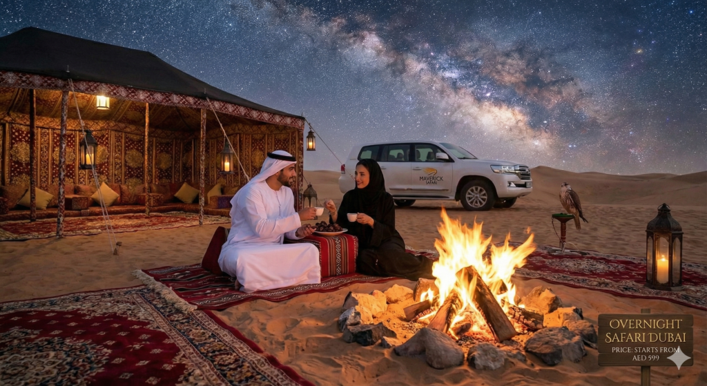 Overnight Safari Dubai price experience with traditional desert camp, couple by campfire, luxury 4x4, and starry night in Dubai desert