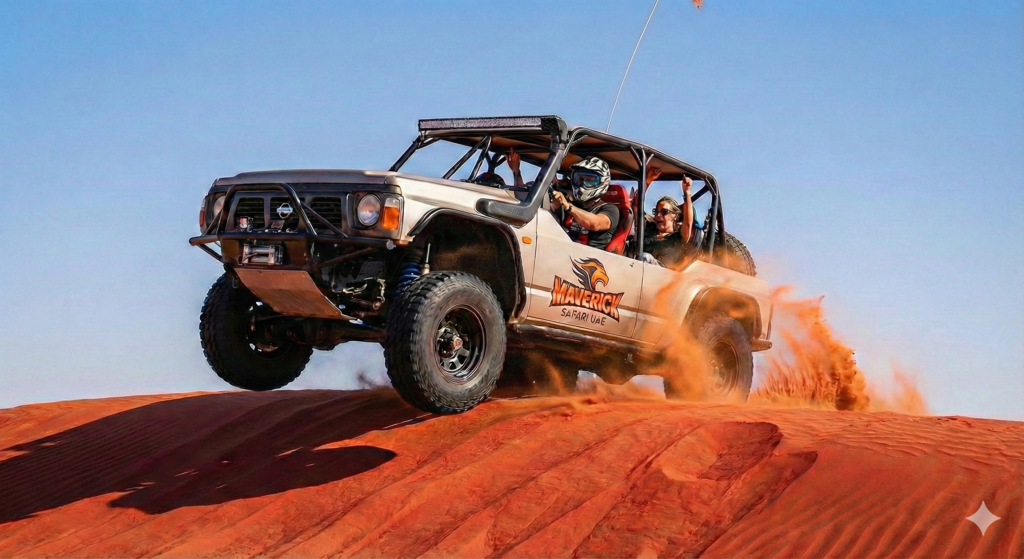 Lahbab Desert Safari adventure featuring an off-road dune buggy climbing red sand dunes, throwing sand into the air with excited riders enjoying a thrilling desert experience in Dubai