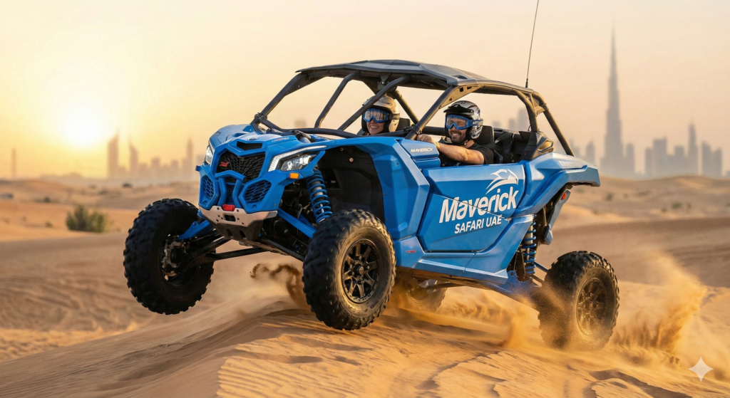 Desert Safari With Dune Buggy Desert Safari With Dune Buggy adventure in Dubai featuring a blue Maverick dune buggy driving over golden sand dunes with riders wearing helmets and goggles, Dubai skyline visible in the background.