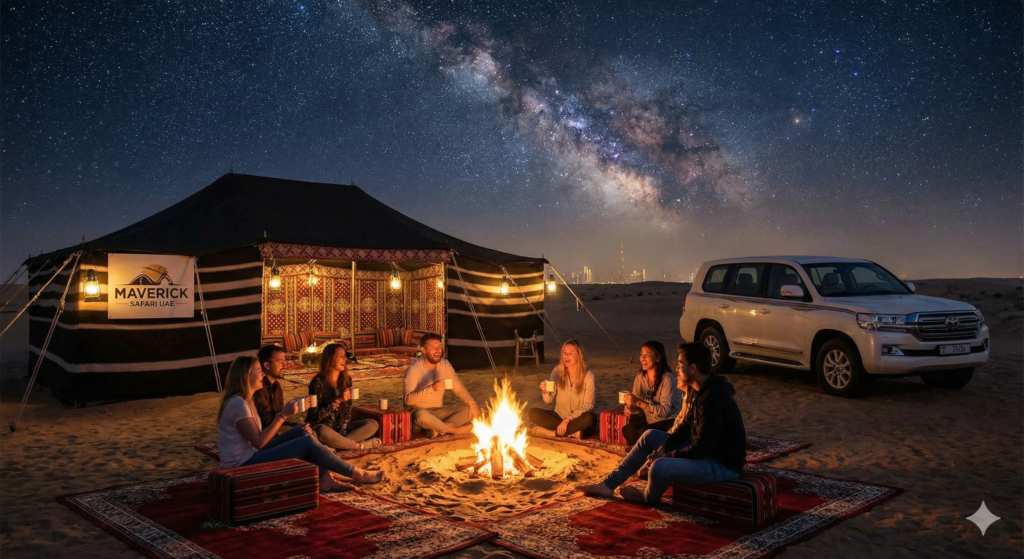 Overnight Camping Desert Dubai experience with tourists enjoying a cozy campfire under the Milky Way, traditional Bedouin-style tent, luxury 4x4 vehicle, and desert camping setup in Dubai’s golden dunes