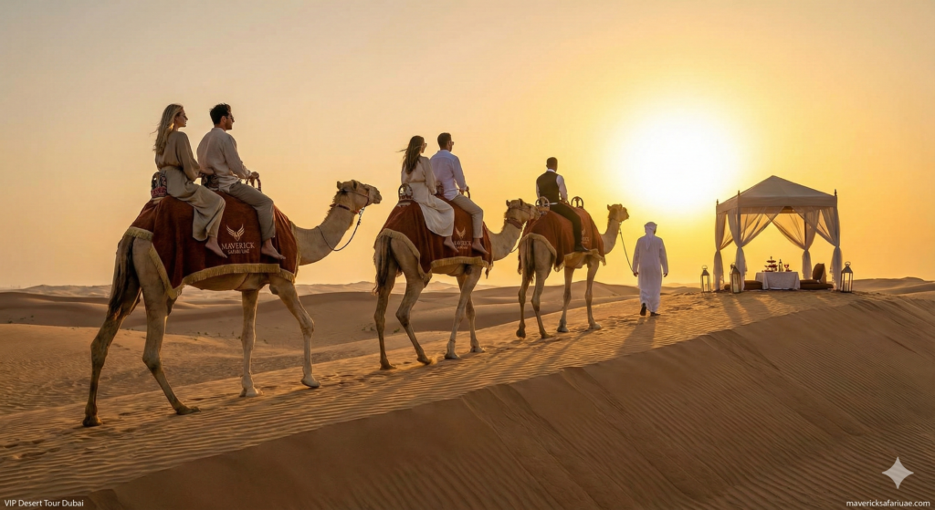 VIP Desert Tour Dubai featuring a luxury camel caravan at sunset, with guests riding camels across golden sand dunes toward a private desert dining setup, showcasing an exclusive and premium desert safari experience