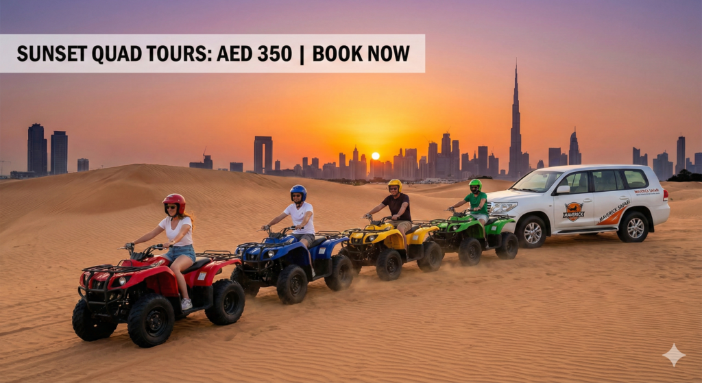 Group of tourists riding quad bikes in the Dubai desert during sunset with the Burj Khalifa skyline and support vehicle in the background, showcasing sunset tours and Quad Bike Dubai Price packages starting from AED 350.