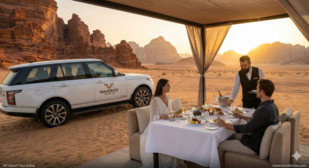 VIP Desert Tour Dubai featuring a luxury private dining experience in the desert with premium 4x4 safari and sunset mountain views