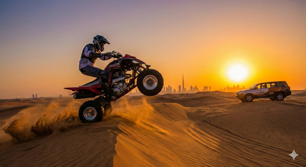Desert Safari with Quad Bike Desert Safari with Quad Bike rider performing a wheelie on golden sand dunes at sunset, with Dubai city skyline in the background during an adventurous desert safari experience.