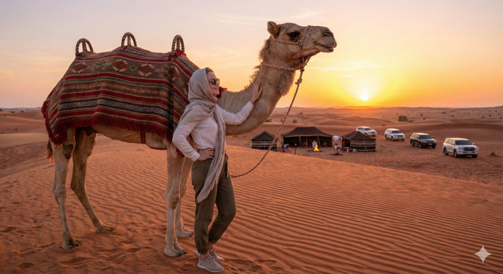 Tourist with camel during a sunset Camel Ride Dubai desert safari
