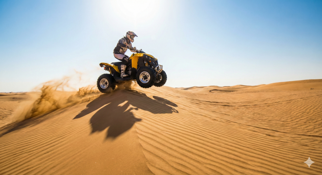 Rider performing an exciting jump on a quad bike over golden sand dunes in the Dubai desert under clear skies, showcasing adventure experiences and Quad Biking Dubai Desert tours