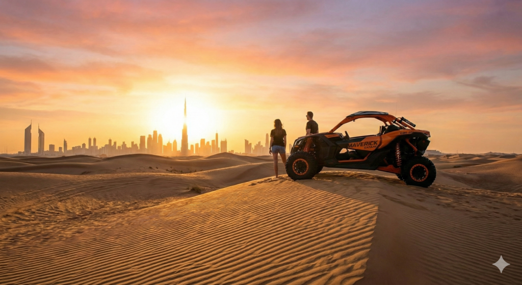 Scenic Dune Buggy Rental Dubai experience at sunset, featuring desert dunes and iconic Burj Khalifa views.