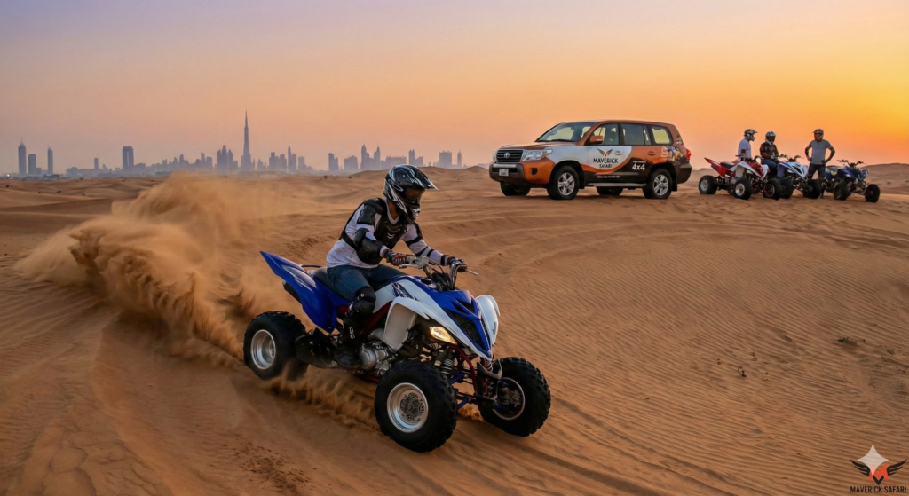 Desert Safari with Quad Bike Desert Safari with Quad Bike in Dubai showing a rider drifting an ATV across sand dunes with 4x4 safari vehicle and city skyline at sunset