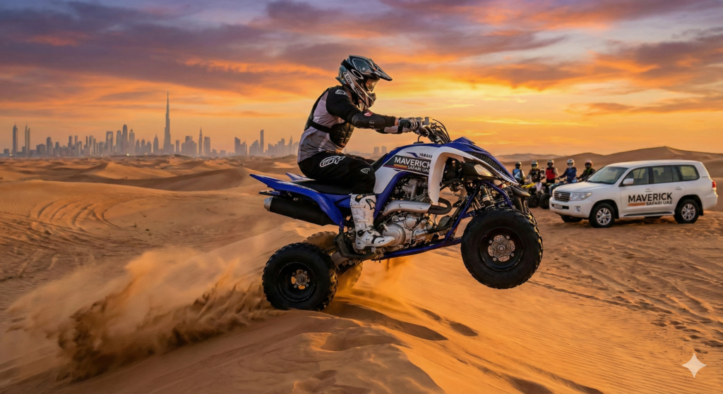 ATV Quad Bike Dubai adventure featuring a rider climbing golden sand dunes at sunset with Dubai skyline in the background