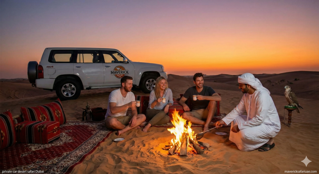 Private car desert safari Dubai with tourists enjoying Arabic coffee around a campfire, luxury 4x4 vehicle and traditional desert setup at sunset