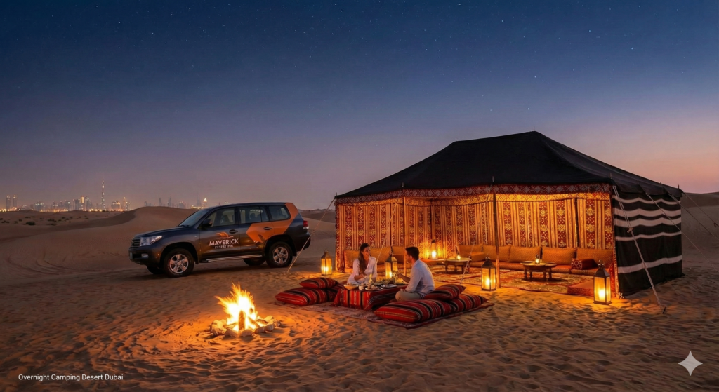 Overnight camping desert Dubai experience featuring a luxury Bedouin-style tent, private campfire dinner, and 4x4 SUV in the Dubai desert under a starry night sky