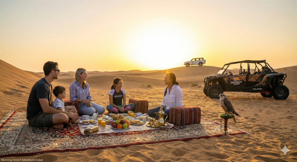 Morning Desert Adventure Dubai with traditional Arabic breakfast setup, family enjoying sunrise in the dunes with desert safari vehicle and falcon.