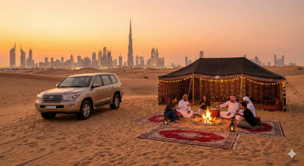 Desert Safari with Camping Dubai Desert Safari with Camping Dubai featuring a traditional Bedouin-style camp, guests enjoying a bonfire evening on Arabian carpets, a 4x4 SUV parked on golden sand dunes, and the Dubai skyline with Burj Khalifa glowing at sunset
