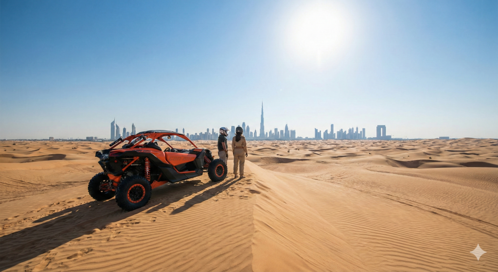 Self-Drive Dune Buggy Dubai Two adventurers standing beside a self-drive dune buggy in the Dubai desert, overlooking vast sand dunes with the Burj Khalifa and Dubai skyline in the distance, showcasing Self-Drive Dune Buggy Dubai experiences